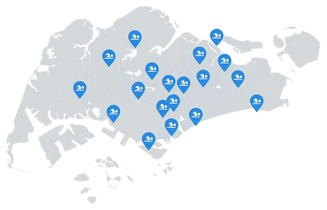 Map of Singapore showing public swimming complexes across every region