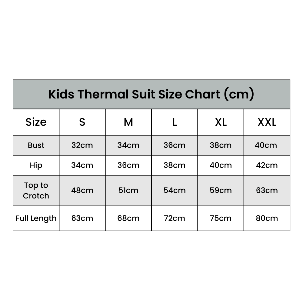 Thermal Suit size Chart