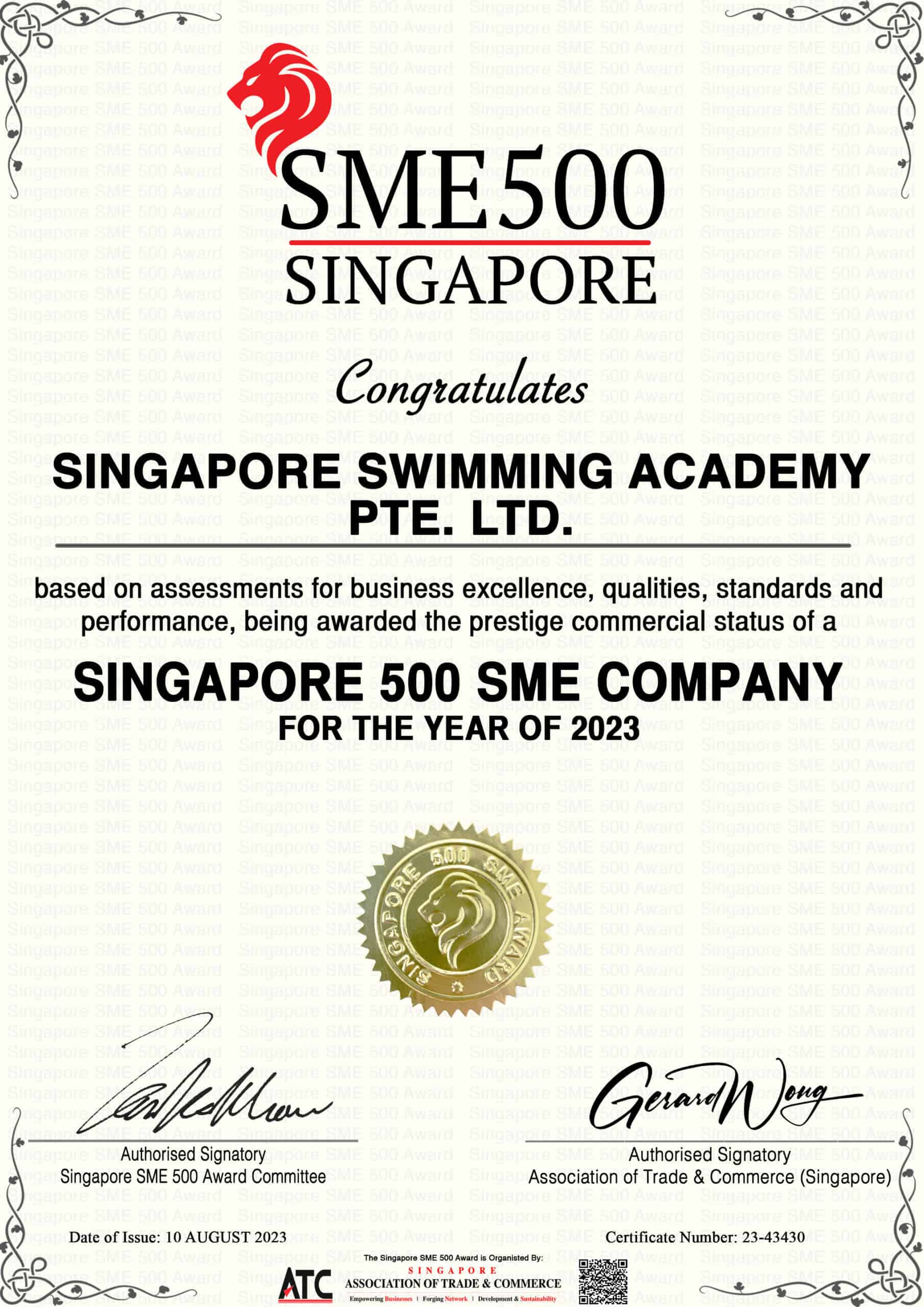 Singapore Swimming Academy SME500 2023 Certificate