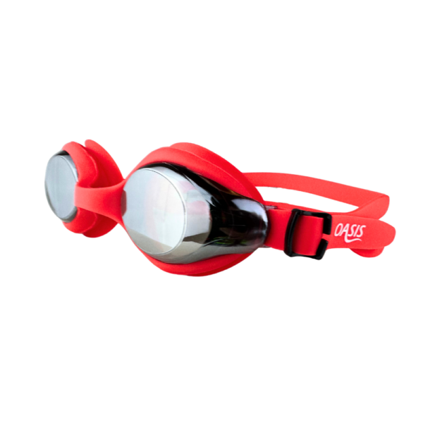 Red swim goggles with mirrored lenses