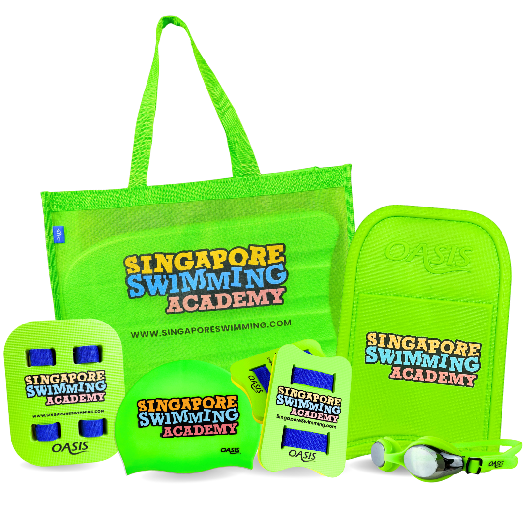 Singapore Swimming Academy Learn-To-Swim Premium Kit with float, goggles, cap, kickboard and mesh bag