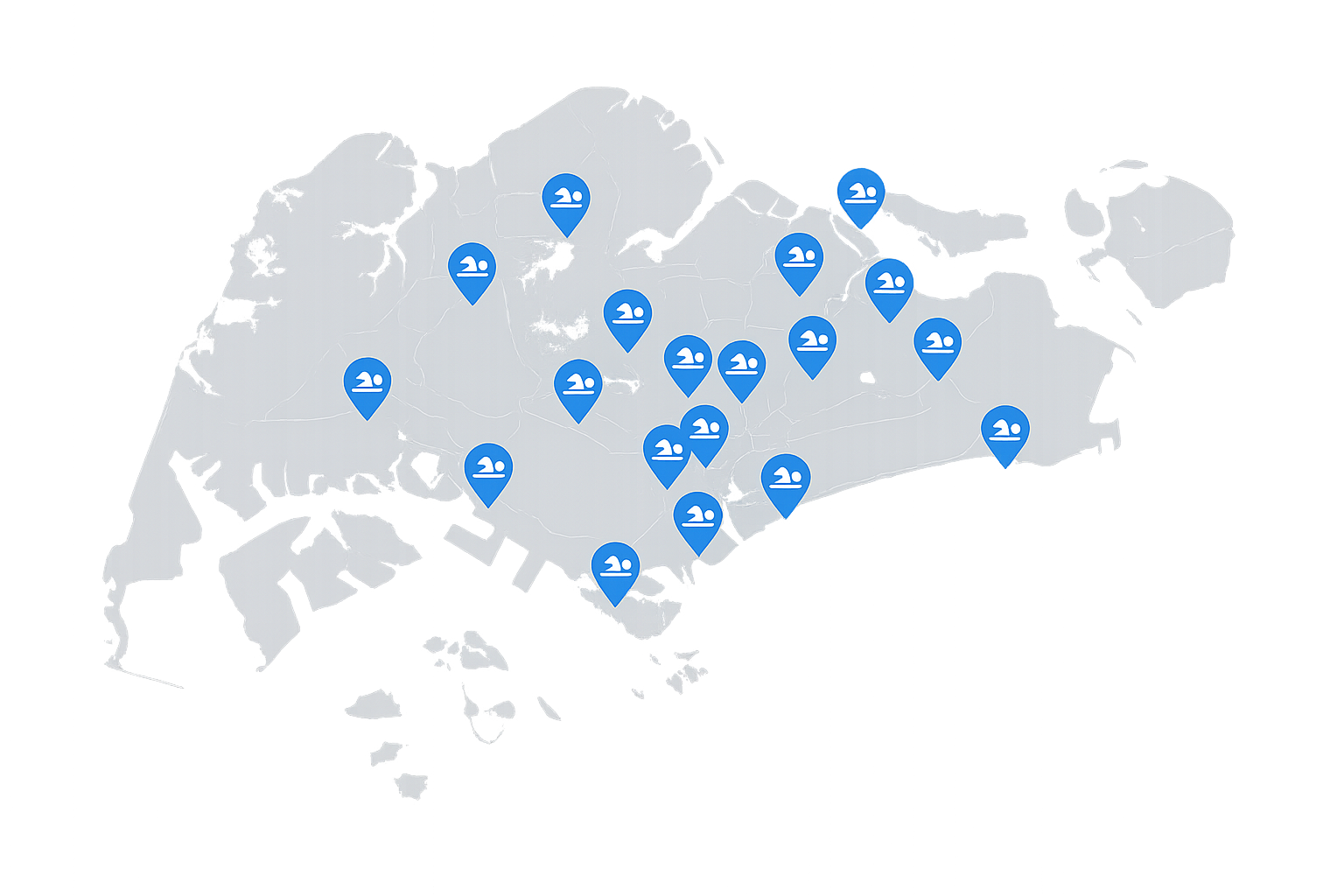 Swimming Complexes Locations in Singapore Map of Singapore with public swimming complexes marked across different regions.