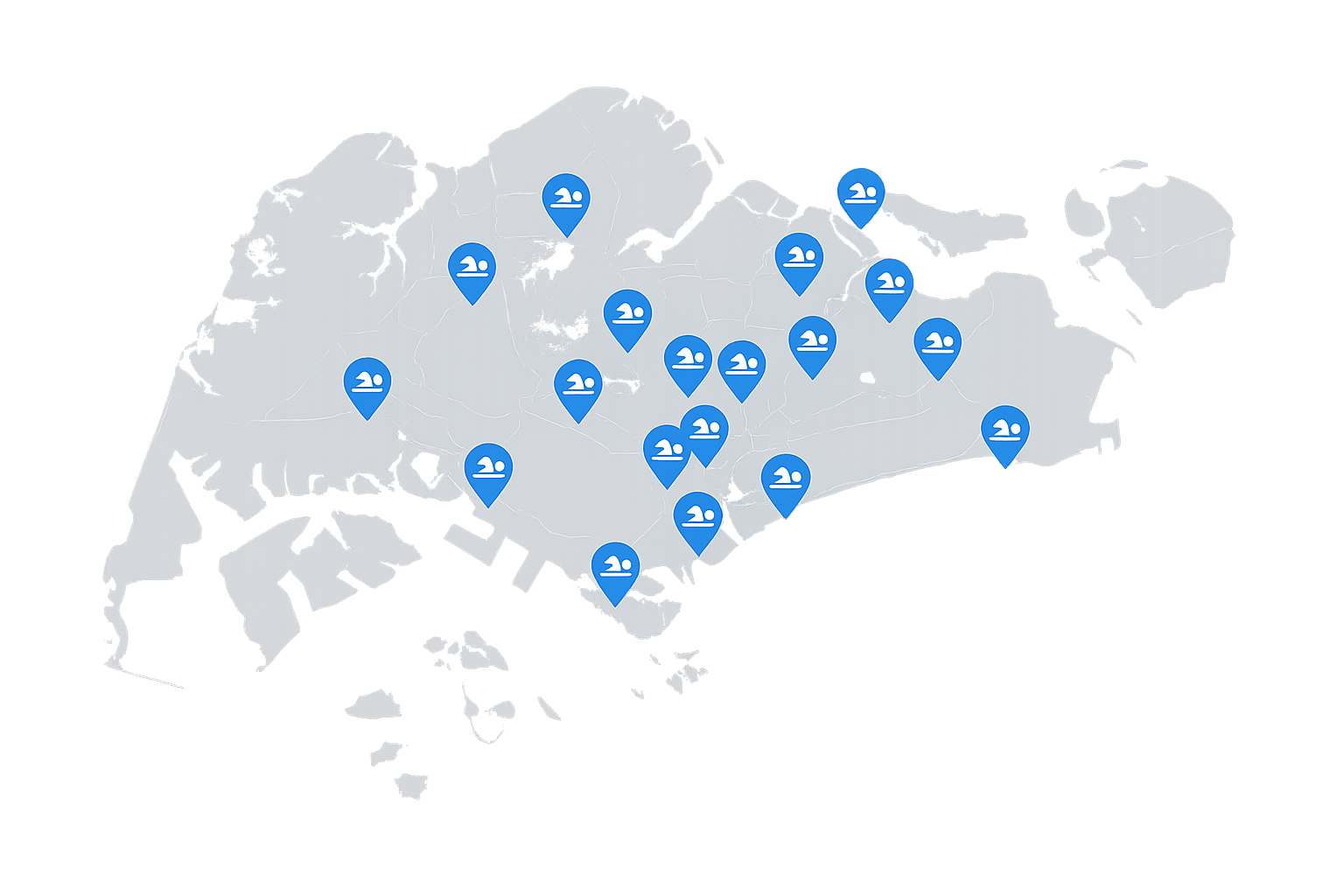Map of Singapore with public swimming complexes marked across different regions.
