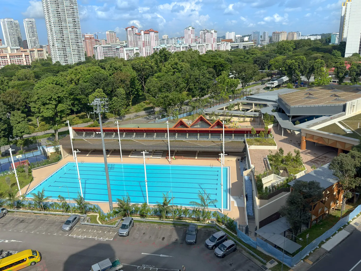 Ang Mo Kio Swimming Complex aerial view with training and competition pools