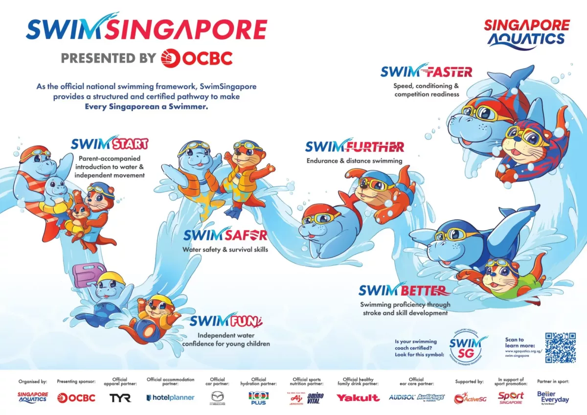 SwimSingapore flyer with illustrations of children swimming, promoting free trial lessons and six-segment swim curriculum supported by OCBC and Singapore Aquatics.