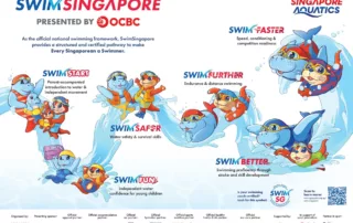SwimSingapore flyer with illustrations of children swimming, promoting free trial lessons and six-segment swim curriculum supported by OCBC and Singapore Aquatics.