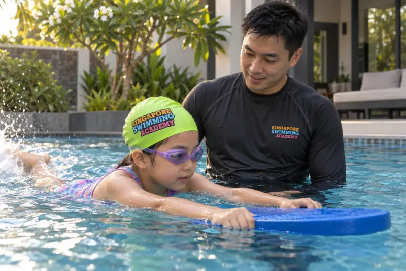 A coach teaching a child at a private home pool